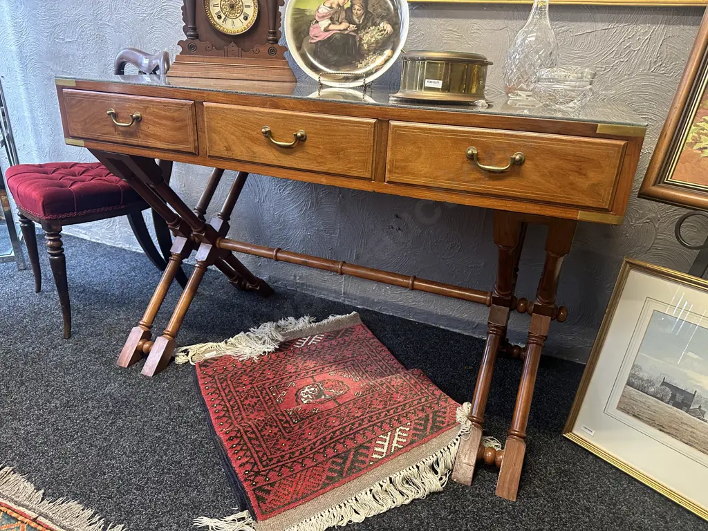 Campaign Style Rosewood Desk, Brass Fittings, Corner Caps & Inlaid. H76 W122 D61cm (Glass Cover For Top) Image 1++