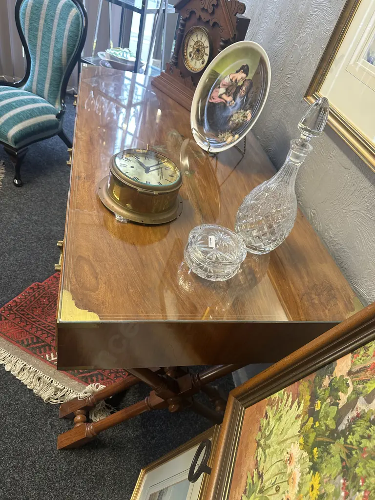 Campaign Style Rosewood Desk, Brass Fittings, Corner Caps & Inlaid. H76 W122 D61cm (Glass Cover For Top) Image 1++