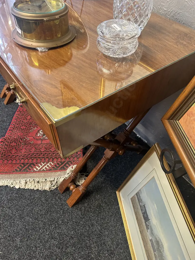Campaign Style Rosewood Desk, Brass Fittings, Corner Caps & Inlaid. H76 W122 D61cm (Glass Cover For Top) Image 1++
