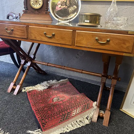 Campaign Style Rosewood Desk, Brass Fittings, Corner Caps & Inlaid. H76 W122 D61cm (Glass Cover For Top)