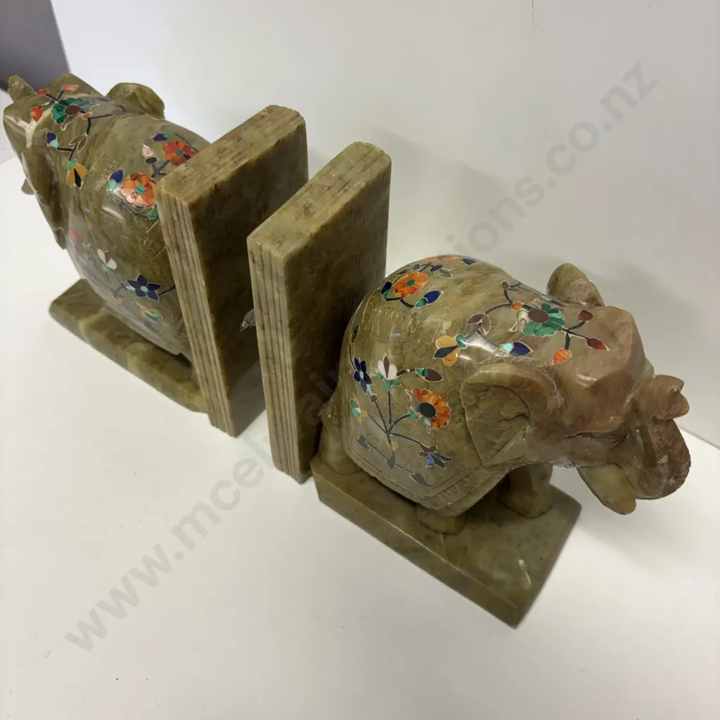 Pair Marble Elephant Bookends with Handpainted and enamelled floral decoration. Image 1++