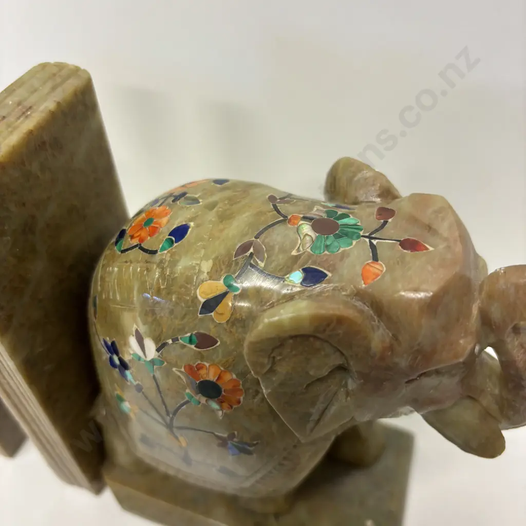 Pair Marble Elephant Bookends with Handpainted and enamelled floral decoration. Image 1++