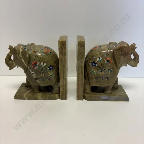Pair Marble Elephant Bookends with Handpainted and enamelled floral decoration.