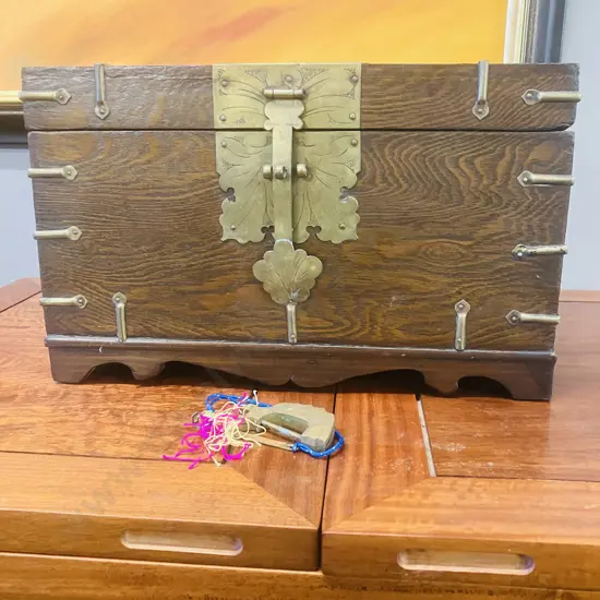Vintage Chinese Document Box Chest With Lock. H25 W41 D23.5cm