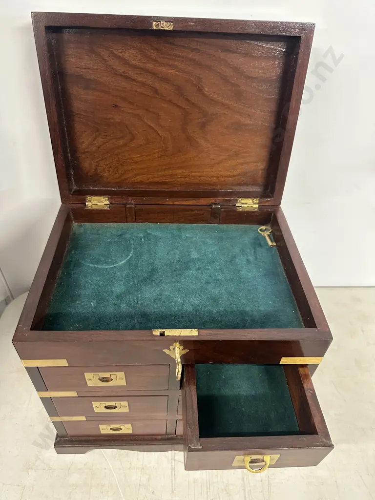 Mahogany Inlaid Jewellery Box With Brass Detail & Keys, Six Drawers & Lift Up Lid, Recessed Half Moon Brass Handles. Image 1++