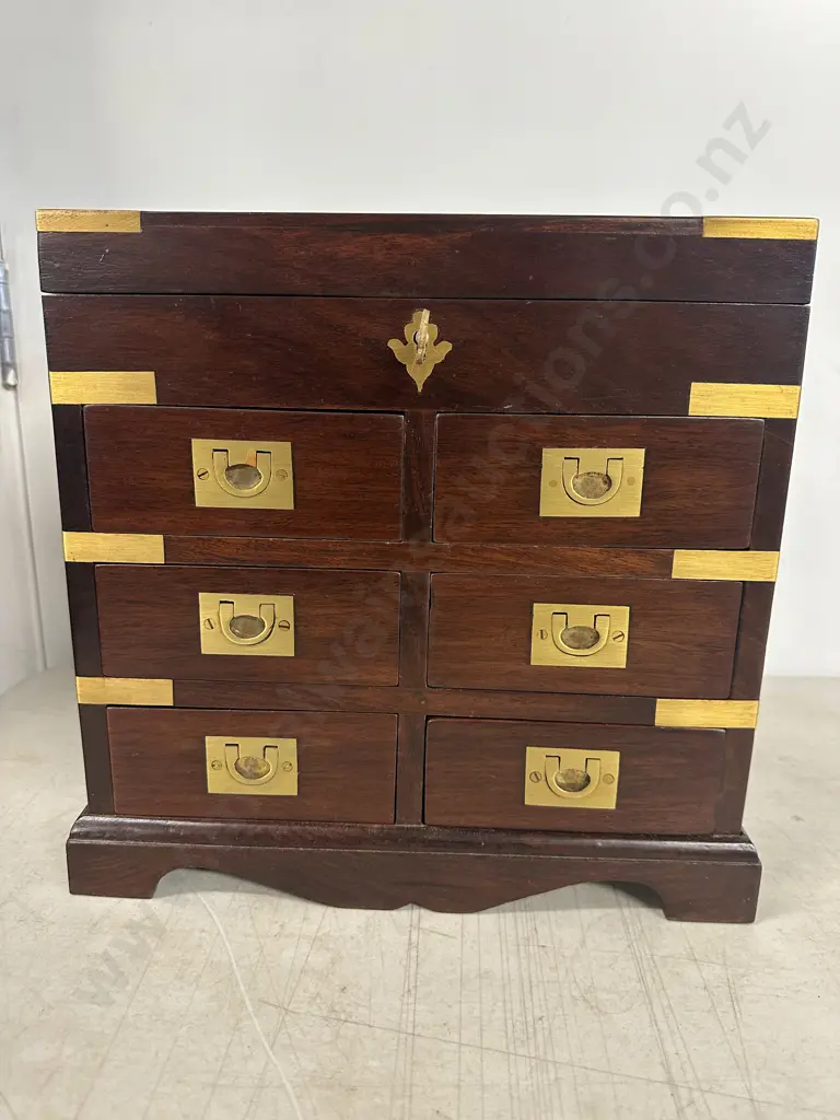 Mahogany Inlaid Jewellery Box With Brass Detail & Keys, Six Drawers & Lift Up Lid, Recessed Half Moon Brass Handles. Image 1++