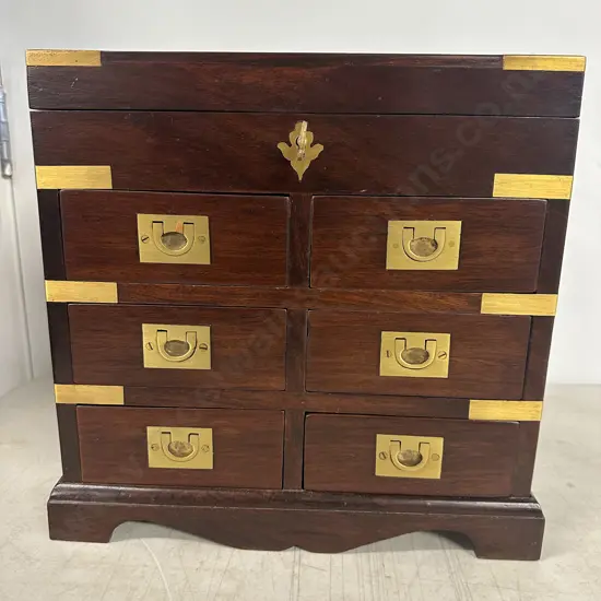 Mahogany Inlaid Jewellery Box With Brass Detail & Keys, Six Drawers & Lift Up Lid, Recessed Half Moon Brass Handles.