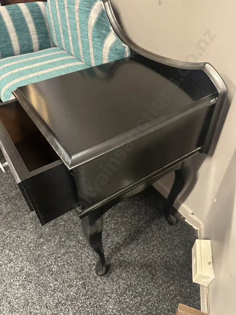 Mahogany Painted Black Telephone Table Aqua Striped Upholstery, Cabriole Legs H73,W107,D42cm. Image 1++