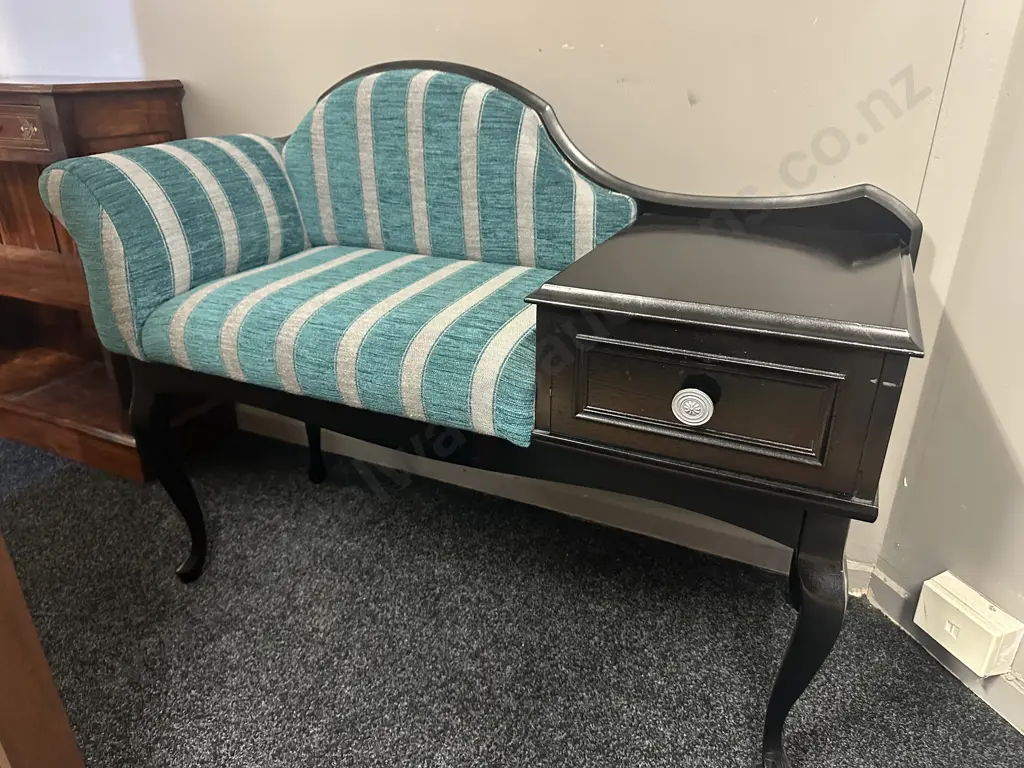 Mahogany Painted Black Telephone Table Aqua Striped Upholstery, Cabriole Legs H73,W107,D42cm. Image 1++