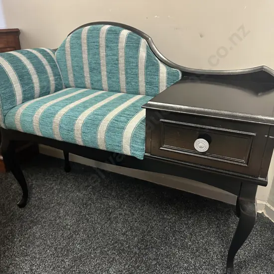 Mahogany Painted Black Telephone Table Aqua Striped Upholstery, Cabriole Legs H73,W107,D42cm.