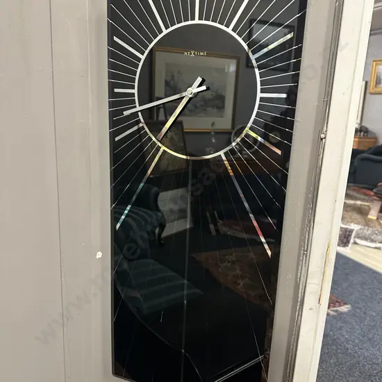 Modern Nextime Heavenly Wall Clock Black Glass With Silver Coloured Detail H70,W30cm.
