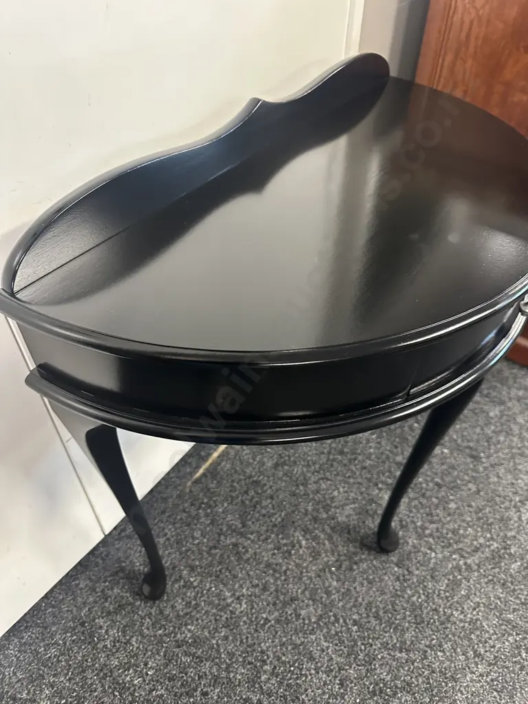 Mahogany Painted Black Half Round Hall Table Single Drawer With Siler Coloured H80,W78,D40cm. Image 1++