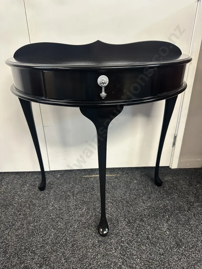 Mahogany Painted Black Half Round Hall Table Single Drawer With Siler Coloured H80,W78,D40cm. Image 1++