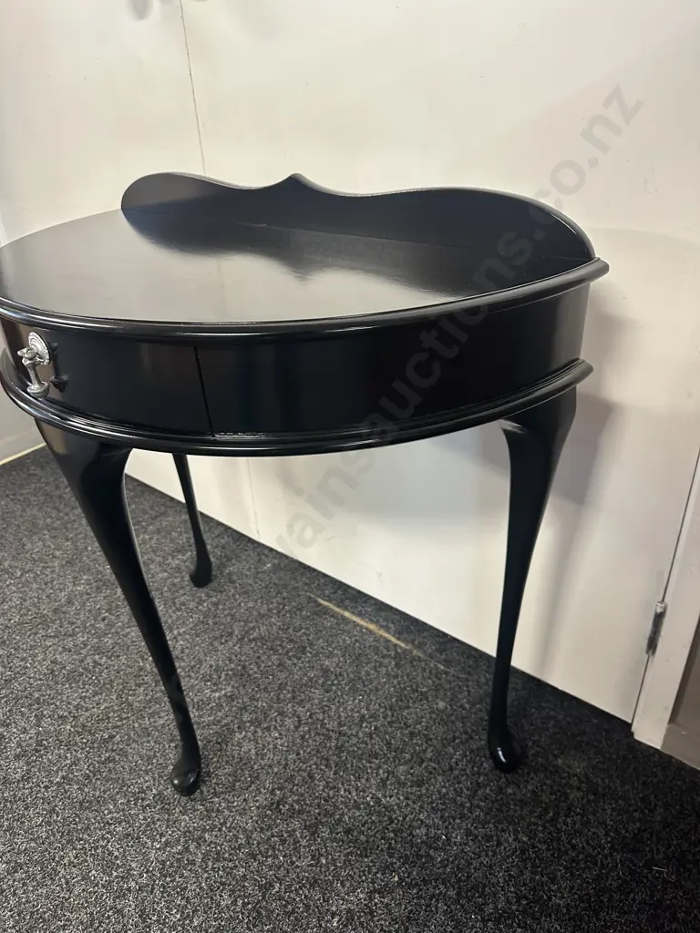 Mahogany Painted Black Half Round Hall Table Single Drawer With Siler Coloured H80,W78,D40cm. Image 1++