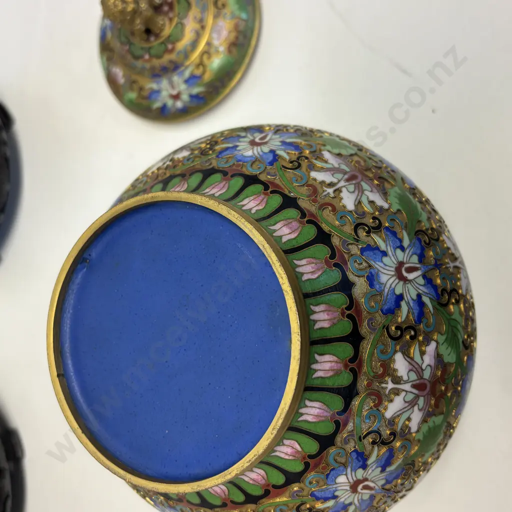 Pair Cloisonne Lidded Ginger Jars on carved stands.  Foo Dog finials. H24cm incl stand Image 1++