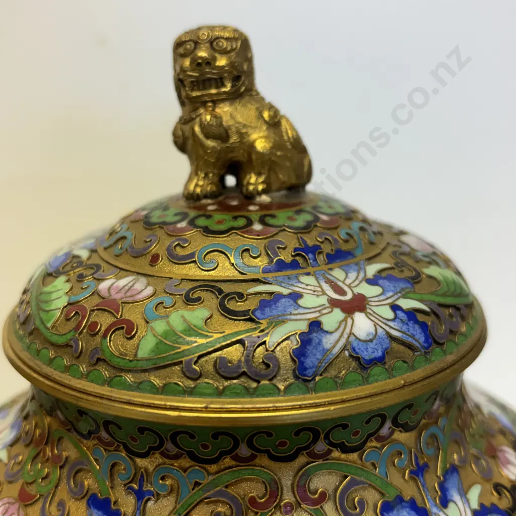 Pair Cloisonne Lidded Ginger Jars on carved stands.  Foo Dog finials. H24cm incl stand Image 1++