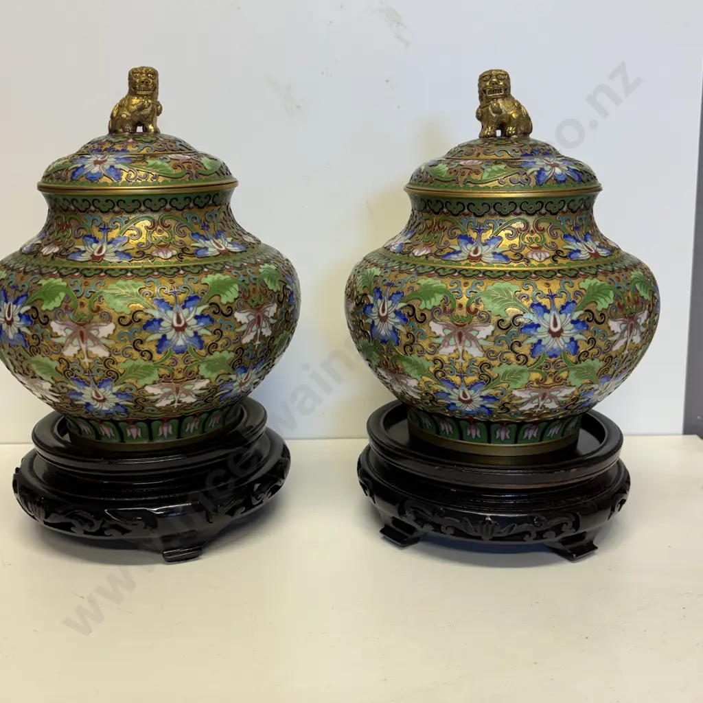 Pair Cloisonne Lidded Ginger Jars on carved stands.  Foo Dog finials. H24cm incl stand Image 1++