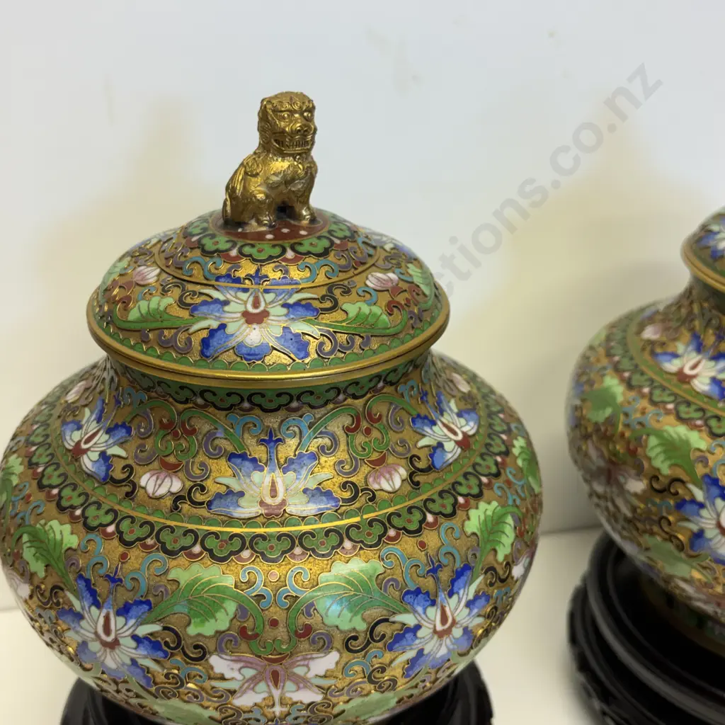 Pair Cloisonne Lidded Ginger Jars on carved stands.  Foo Dog finials. H24cm incl stand Image 1++