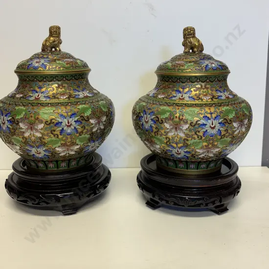 Pair Cloisonne Lidded Ginger Jars on carved stands.  Foo Dog finials. H24cm incl stand