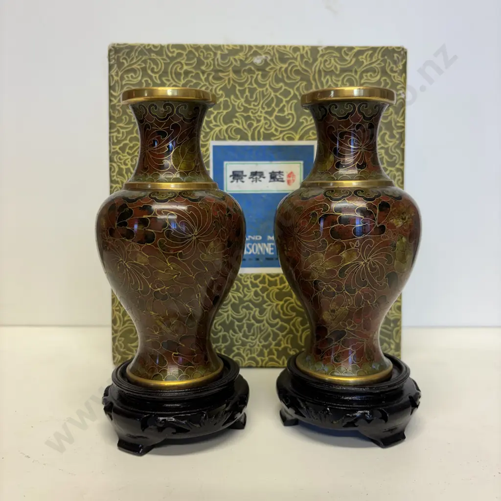 Pair Cloisonne Vases on carved stands with original box. H16cm incl stand Image 1++