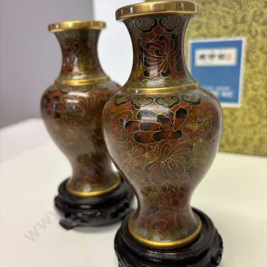 Pair Cloisonne Vases on carved stands with original box. H16cm incl stand