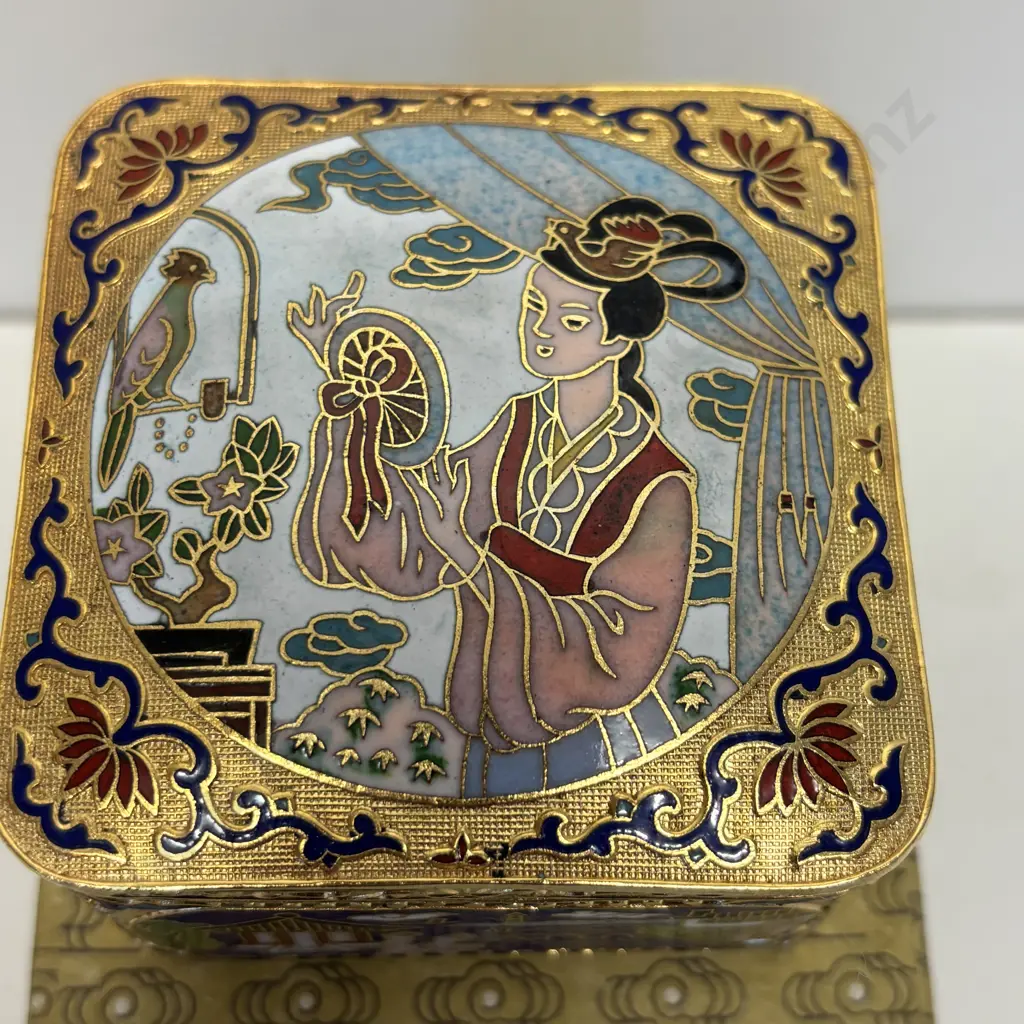 Cloisonne Square Lidded Pot with original box. 7.5cm square H5cm Image 1++