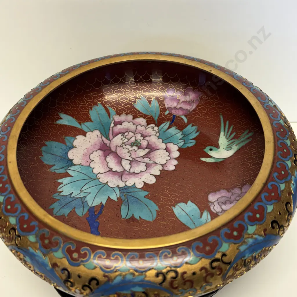 Cloisonne Bowl on Carved Stand. Floral and Bird decoration. H12cm incl stand. Dia 21cm Image 1++