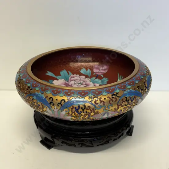 Cloisonne Bowl on Carved Stand. Floral and Bird decoration. H12cm incl stand. Dia 21cm