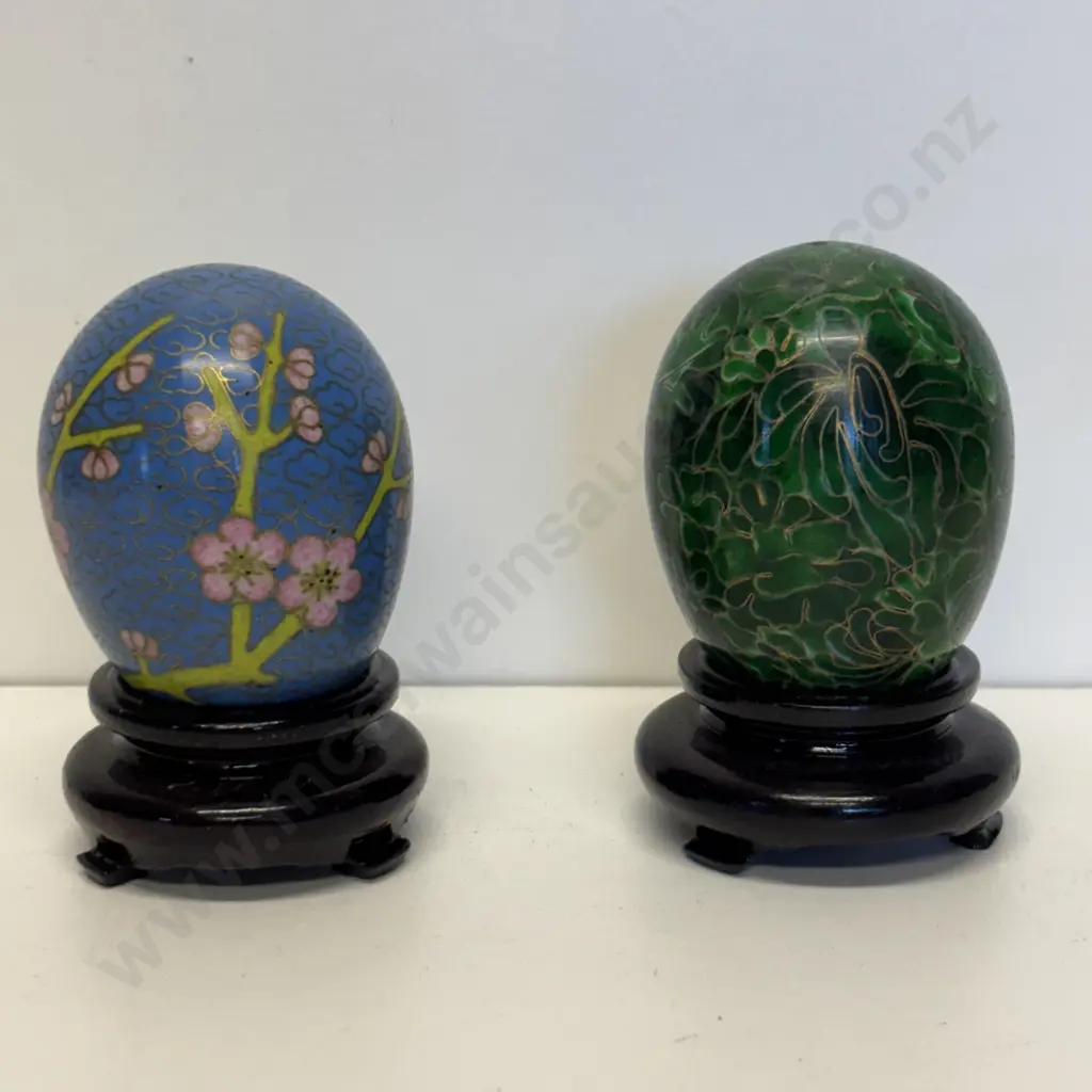 Two Cloisonne Eggs on carved stands Image 1++