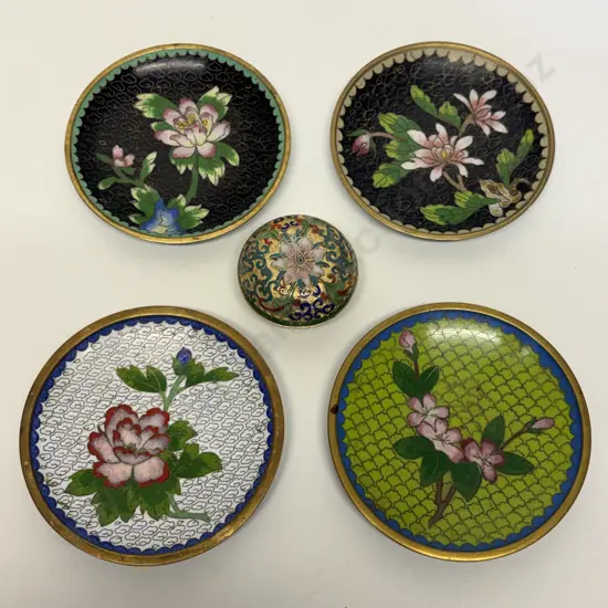 Four Cloisonne Dishes with lidded pot