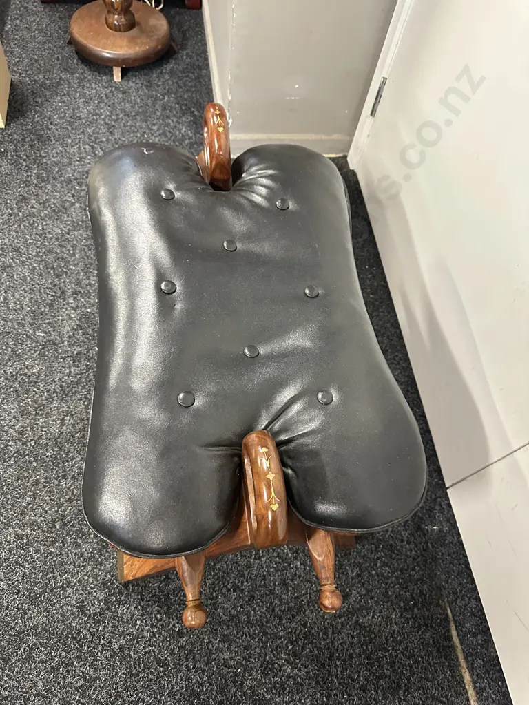 Rosewood & Black Leather Camel Saddle Stool, Brass Inlaid. (Small Tear To Seat)H43 W77 D41cm Image 1++