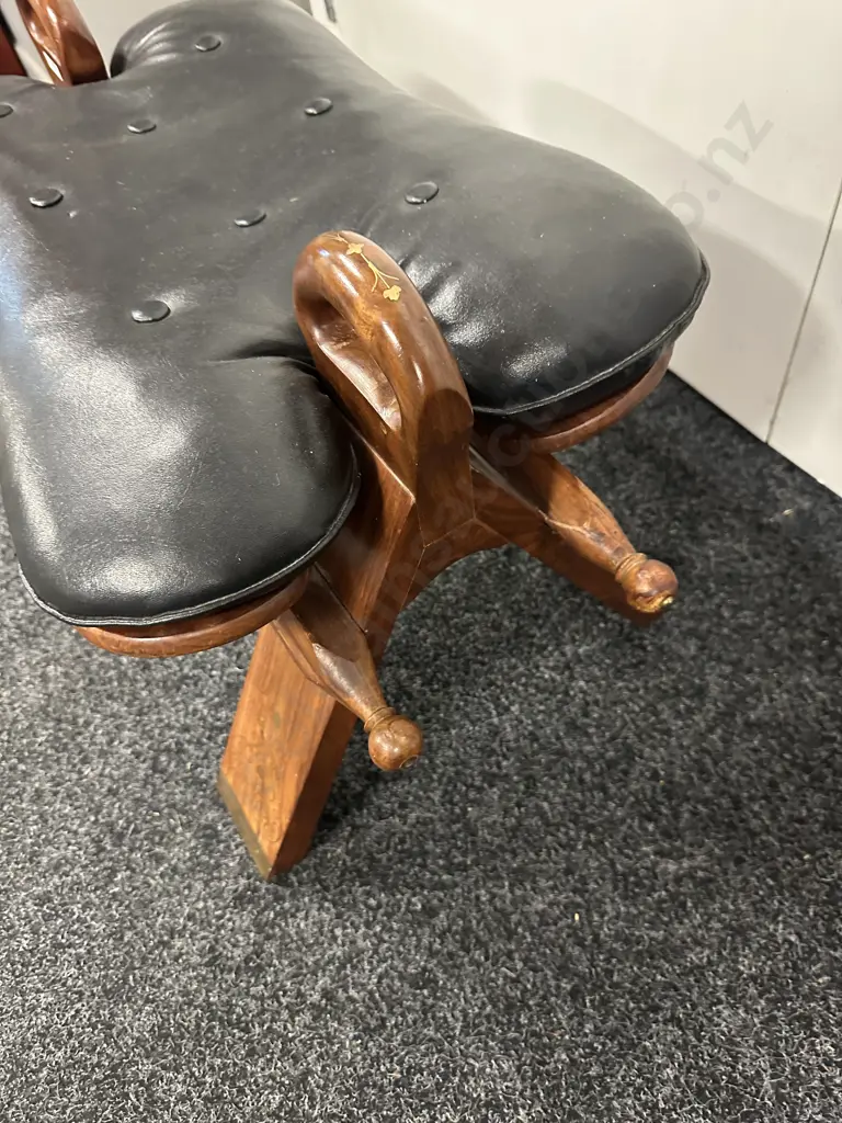 Rosewood & Black Leather Camel Saddle Stool, Brass Inlaid. (Small Tear To Seat)H43 W77 D41cm Image 1++