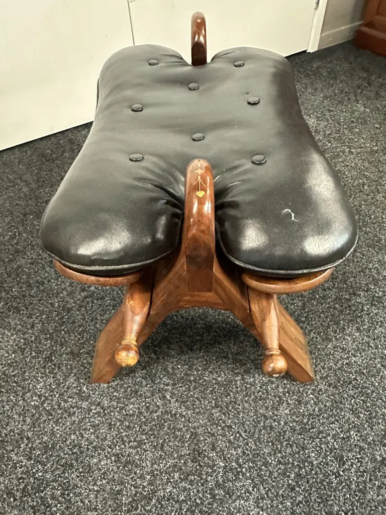 Rosewood & Black Leather Camel Saddle Stool, Brass Inlaid. (Small Tear To Seat)H43 W77 D41cm Image 1++