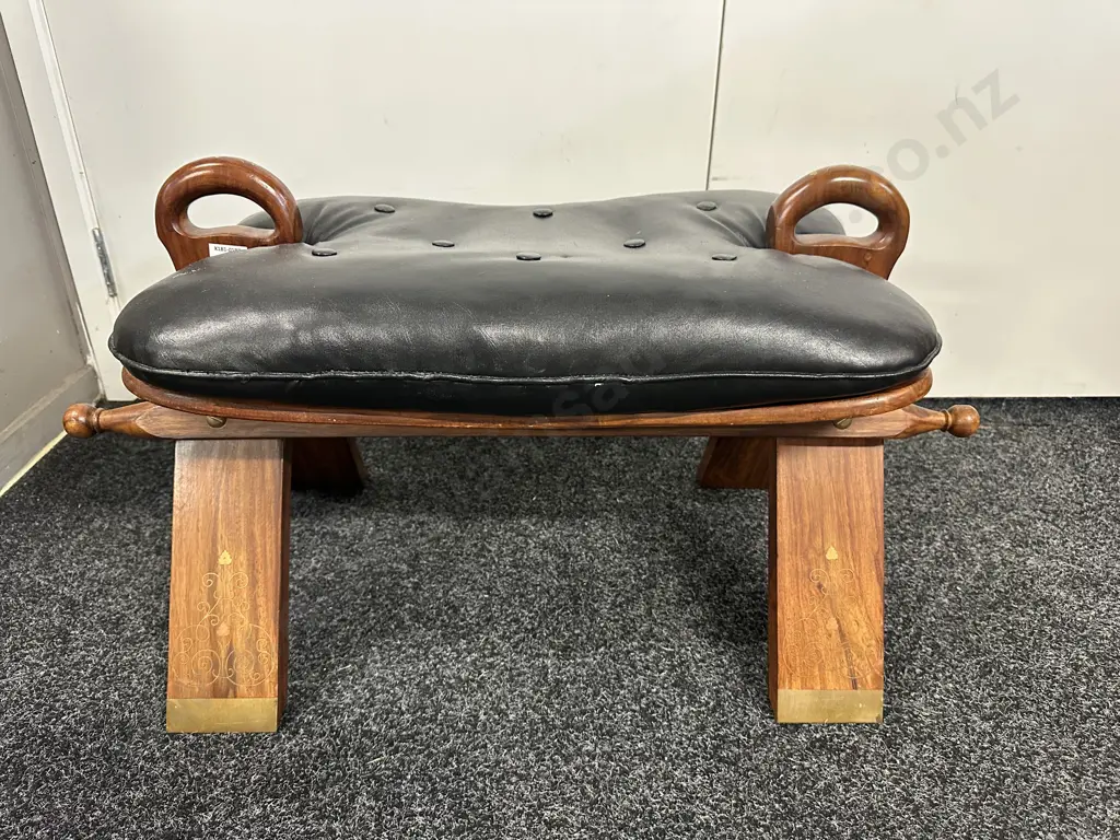 Rosewood & Black Leather Camel Saddle Stool, Brass Inlaid. (Small Tear To Seat)H43 W77 D41cm Image 1++