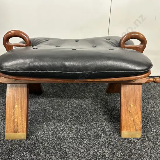 Rosewood & Black Leather Camel Saddle Stool, Brass Inlaid. (Small Tear To Seat)H43 W77 D41cm