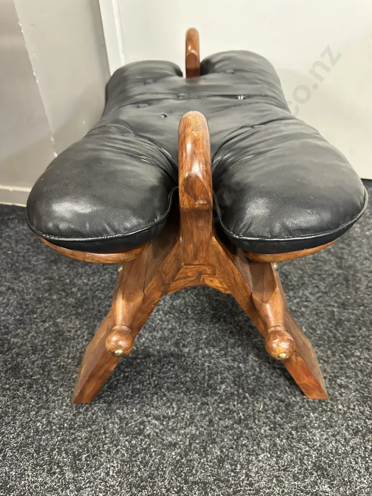 Rosewood & Black Leather Camel Saddle Stool, Brass Inlaid. ( Small Tear On Seat ) H43 W77 D41cm Image 1++