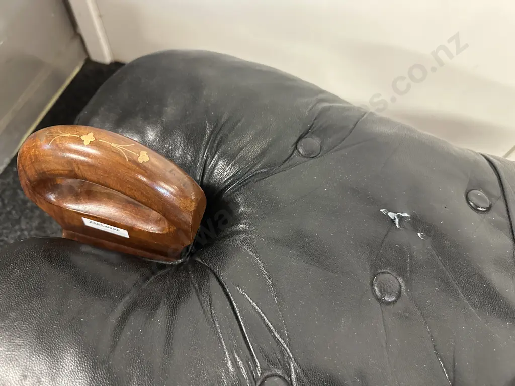 Rosewood & Black Leather Camel Saddle Stool, Brass Inlaid. ( Small Tear On Seat ) H43 W77 D41cm Image 1++