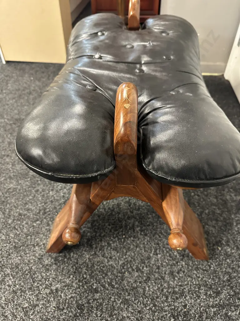 Rosewood & Black Leather Camel Saddle Stool, Brass Inlaid. ( Small Tear On Seat ) H43 W77 D41cm Image 1++