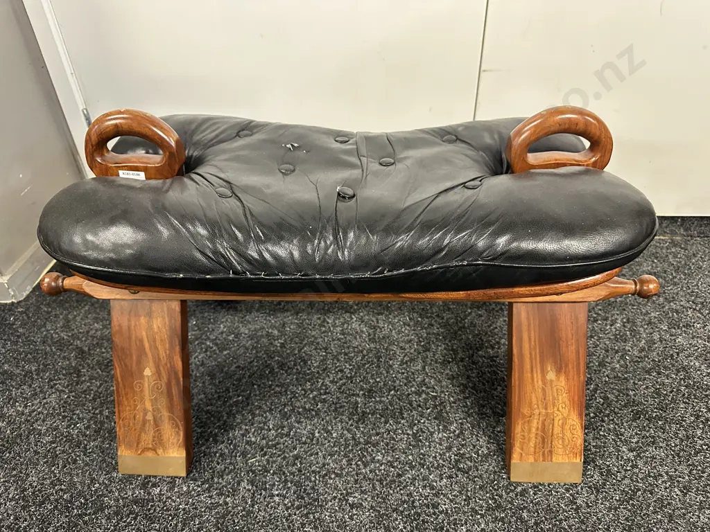 Rosewood & Black Leather Camel Saddle Stool, Brass Inlaid. ( Small Tear On Seat ) H43 W77 D41cm Image 1++