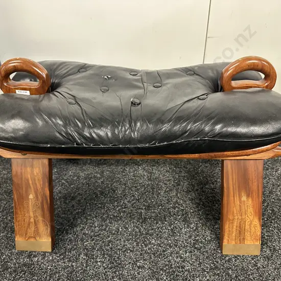 Rosewood & Black Leather Camel Saddle Stool, Brass Inlaid. ( Small Tear On Seat ) H43 W77 D41cm