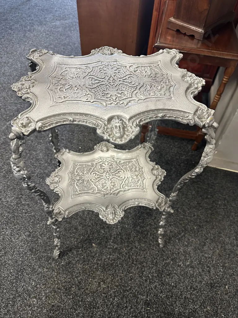 Brass Two Tier Painted Silver Ornate Side Table H66,W42,D33cm. Image 1++
