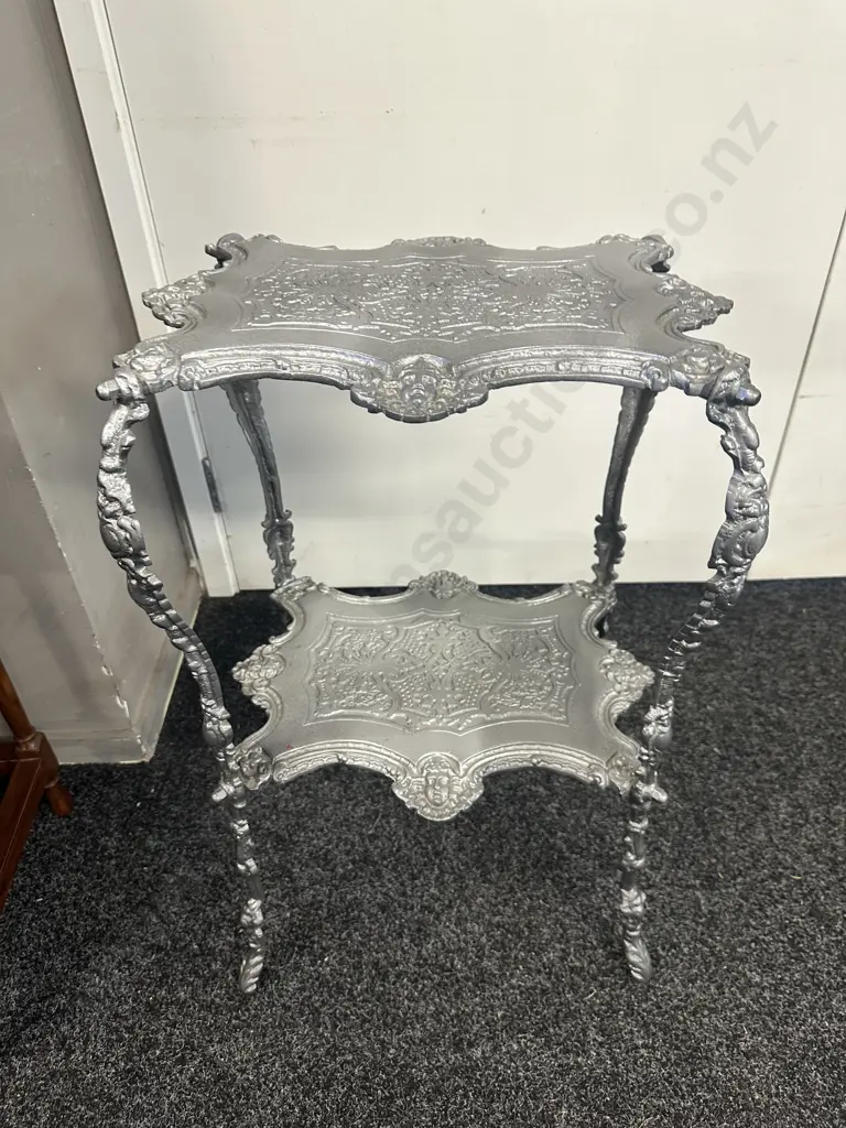 Brass Two Tier Painted Silver Ornate Side Table H66,W42,D33cm. Image 1++