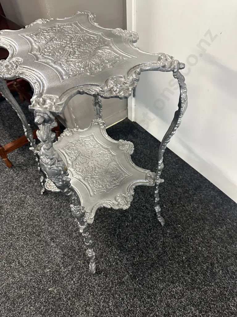Brass Two Tier Painted Silver Ornate Side Table H66,W42,D33cm. Image 1++