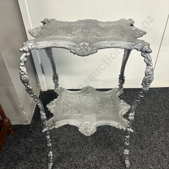 Brass Two Tier Painted Silver Ornate Side Table H66,W42,D33cm.