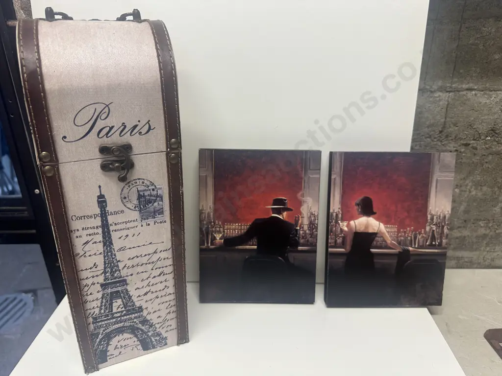 Paris Scene Wine Bottle Holder & Artwork On Board 'Cigar Bar Evening' Image 1++