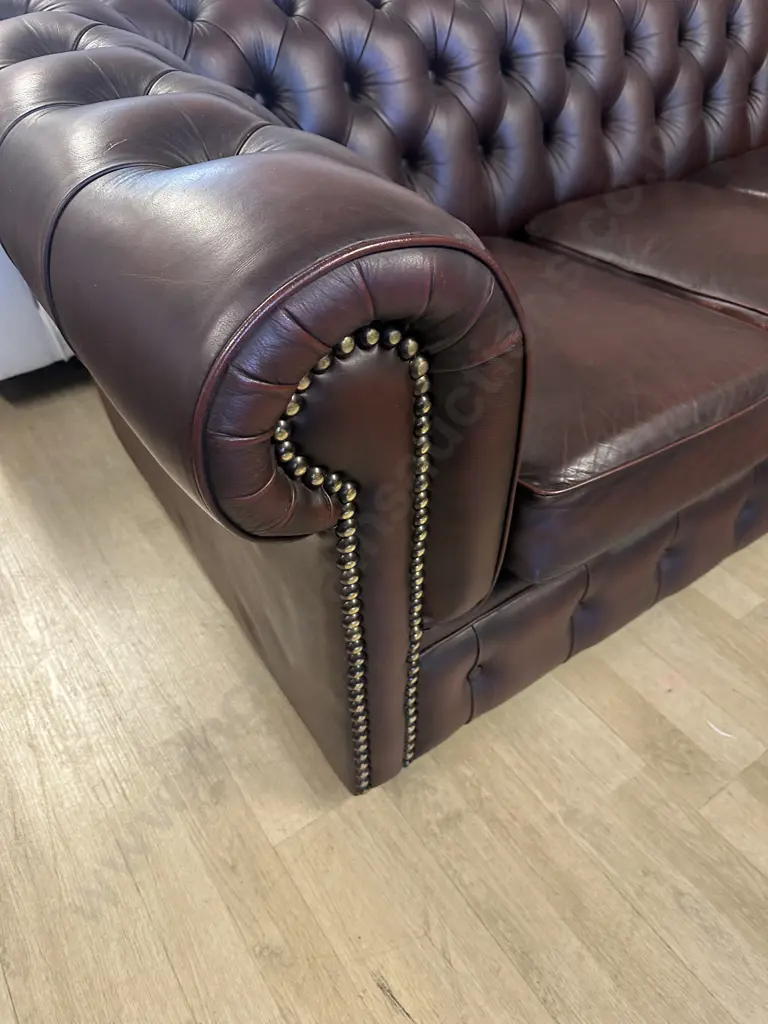 Moran Leather Burgundy Three Seater Chesterfield Sofa Button Back, Rolled Armed With Dome Detail H75,W185,D90cm. Image 1++