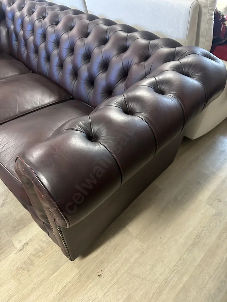 Moran Leather Burgundy Three Seater Chesterfield Sofa Button Back, Rolled Armed With Dome Detail H75,W185,D90cm. Image 1++