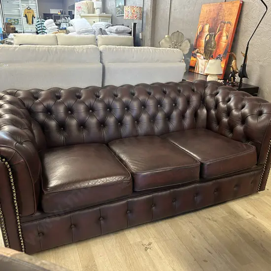 Moran Leather Burgundy Three Seater Chesterfield Sofa Button Back, Rolled Armed With Dome Detail H75,W185,D90cm.