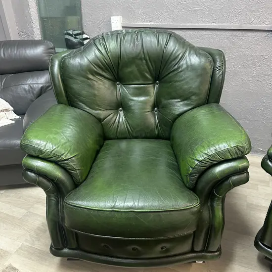 Winchester Furniture - England, Leather Armchair In Antique Green, Rolled Arm, Domed & Buttoned, On Castors