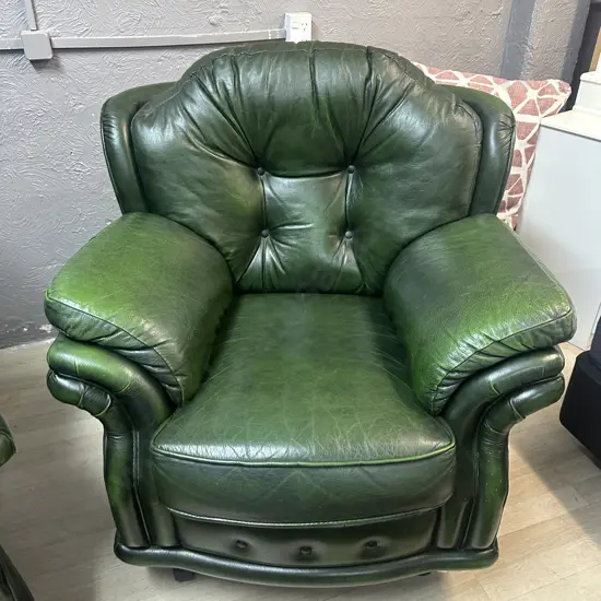Winchester Furniture - England, Leather Armchair In Antique Green, Rolled Arm, Domed & Buttoned, On Castors